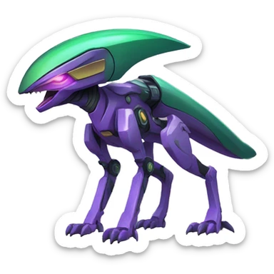 a purple-green Genesect-Raptor-Fakémon—hybrid with a futuristic visor-helmet full body sticker