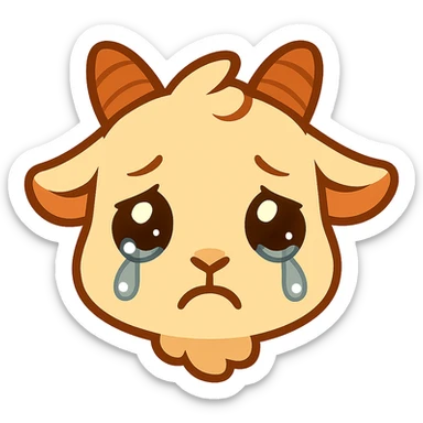 Add a sad expression with shining, teary eyes to the chibi goat head. Keep the simple, clean chibi stickers style and white background. Designed for a small emote. sticker