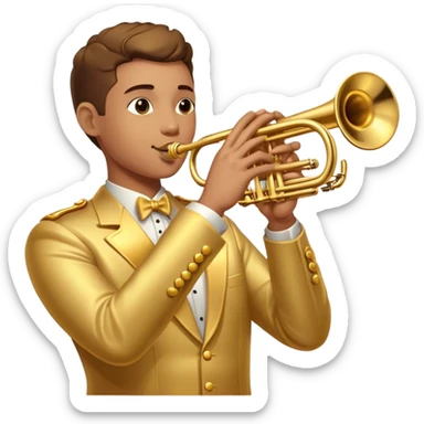 Cinematic Realistic Trumpet, polished brass with warm golden reflections, intricate valve details subtly highlighted, soft hands pressing the keys, glowing with bold and triumphant musical energy. sticker
