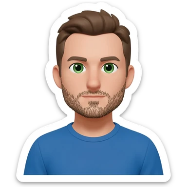 man stubble brown hair green eyes short hair blue t shirt sticker