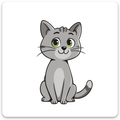 Elegant gray cat with smooth fur, large green eyes, serene attentive expression, sitting facing camera, soft lighting sticker