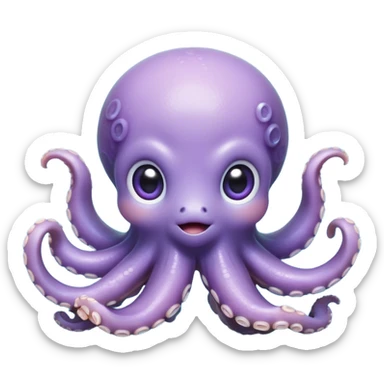 Cinematic Cute Shy Baby Octopus Portrait Emoji, Tentacles tucked slightly inward in an adorably bashful pose, featuring a softly glowing, round light blue-purple body with enormous, soulful eyes peering out timidly, Simplified yet irresistibly adorable features, highly detailed, glowing with a delicate, soothing marine radiance, high shine, quiet yet expressive, stylized with an air of gentle mystery, soft glowing outline, capturing the essence of a tiny, shy deep-sea creature that seems as if it could slowly peek out and explore the world with cautious curiosity! sticker