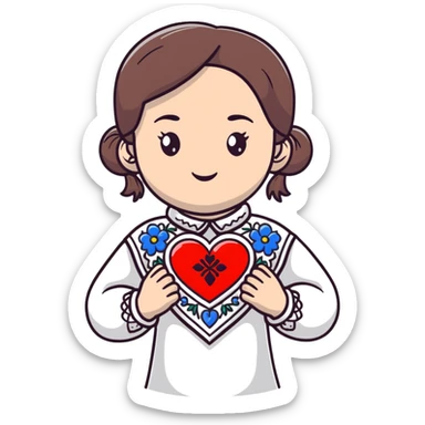 beautiful young girl in a white Ukrainian embroidered shirt clutching a large embroidered heart sticker