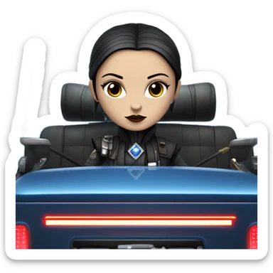 Jedi bounty hunter Wednesday Addams racing sitting in a modern blue,red and pewter steampunk electric luxury sticker