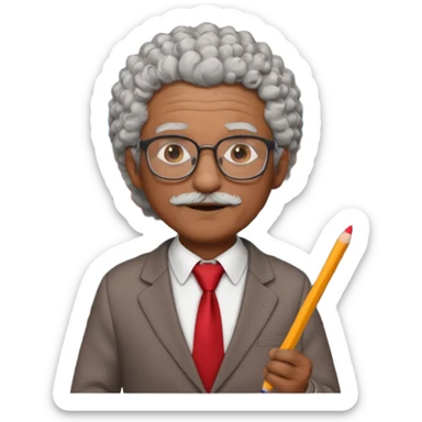 old man teacher, brown skin, curly grey white hai, wearing glasses, brown suit, red tie hold chalk on hand sticker