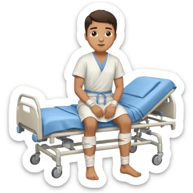 A young hispanic guy with a broken leg in the hospital. The broken leg is bandaged to indicate that it is broken. sticker