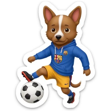 Dog wearing a hoodie witha barca jersey kicking a soccer ball sticker