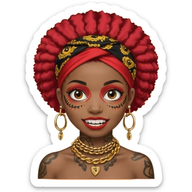 afro black hair with red head bandana and lots of face tattoo black skin girl sticker