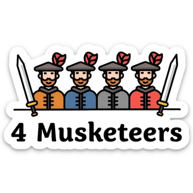 Four musketeers with feathered hats and swords with the text "4 Musketeers" sticker