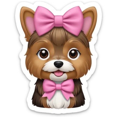 A mini Yorkie Terrier with a pink bow and Aria
 sticker