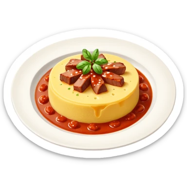 Creami l’emoji di una polenta su un piatto con il sugo e la carne sopra sticker