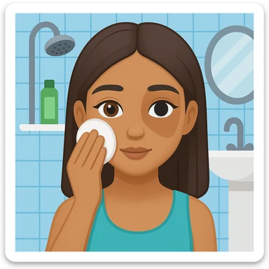 Add a bathroom background behind the Latin girl removing makeup. The style should resemble emoji style with simple, colorful, and concise features. sticker