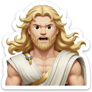Cinematic Realistic Thor Portrait, head tilted slightly with a dramatic, wide-open yawn, revealing a moment of unguarded human vulnerability amidst his divine stature. His fair, luminous skin and elegantly styled, wavy golden hair maintain their sculptural perfection even in repose. Dressed in a flowing white toga with understated golden accents, the portrait is bathed in soft natural light, capturing a rare glimpse of relaxed, timeless strength from a Greek god reborn. sticker
