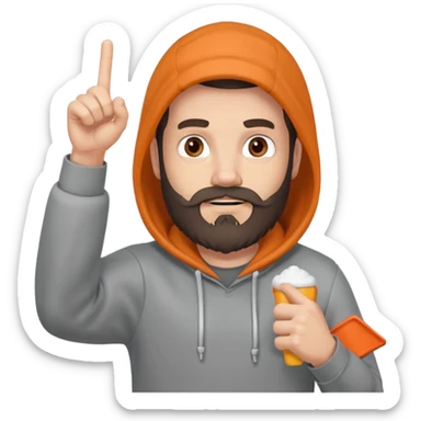 A bearded man in a hoodie, raising his foam finger with playful energy. sticker