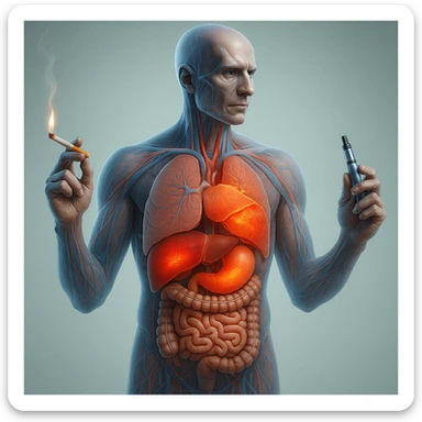 Medical illustration, hyperrealistic 4K, realistic anatomical human body, inflamed liver and intestine highlighted, holding a lit normal cigarette in the right hand and an electronic cigarette in the left hand, clear background, extremely detailed, same lighting and style as the reference image. sticker