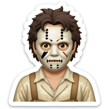Leatherface with tan mask with dark brown hair, ivory sequin outfit  sticker