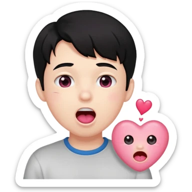 Boy with black hair, blushing, pink heart eyes, mouth open and drooling sticker