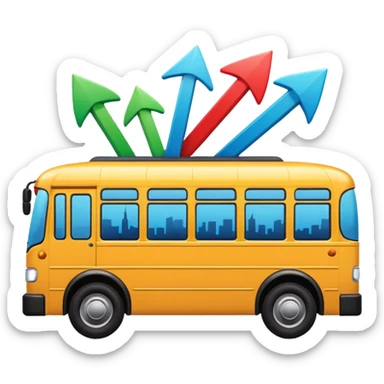 a bus from an angle with three colorful directional arrows pointing to city icons, Apple emoji style, vibrant colors sticker