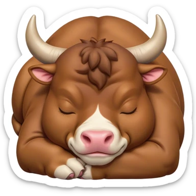 Meme-Worthy Cute Sleeping Domestic Bull Portrait Emoji, Head resting peacefully with a contented smile, showcasing a robust, muscular build and a luxuriously soft coat, eyes gently closed in serene, restful slumber, Simplified yet hilariously adorable features, highly detailed, glowing with a soft, drowsy natural light, high shine, relaxed and utterly lovable, stylized with an air of playful laziness, soft glowing outline, capturing the essence of a sleeping domestic bull that feels destined to become the next viral sensation of adorable rest! sticker