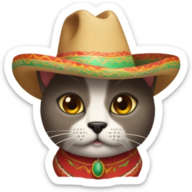 Mexican cat with a sombrero with brown eyes and a mustache sticker