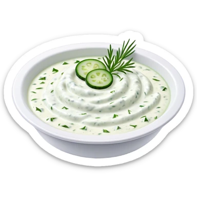 Cinematic Realistic Tzatziki Dish Emoji, featuring a creamy, tangy yogurt sauce with cucumber and herbs rendered with soft textures and cool, refreshing lighting. sticker