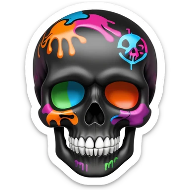 smooth black skull with vibrant graffiti paint contained within the skull shape, brand logos inside skull outline only, side view sticker