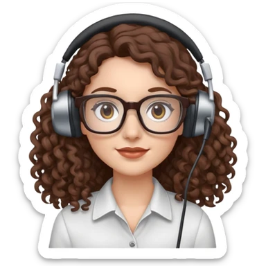 White female  Long Brown curly hair  Dark brown eyes  Square glasses  Headset  sticker