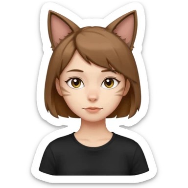 a girl with short brown wolf cut , cat ears and a tail, with a black t-shirt on sticker