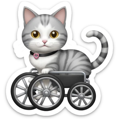 disabled grey and white cat using cat wheelchair sticker