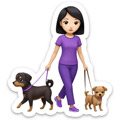 black hair Chinese woman wearing purple top and black pants walking 1 small brown dog sticker