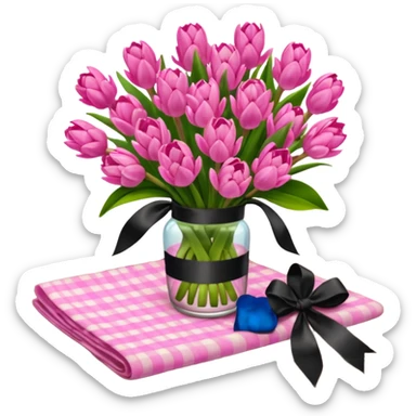 A lush bouquet of bright pink color Hyacinths black satin ribbon, resting on an antique wooden table, with a pale yellow and pink plaid pattern table cloth sticker