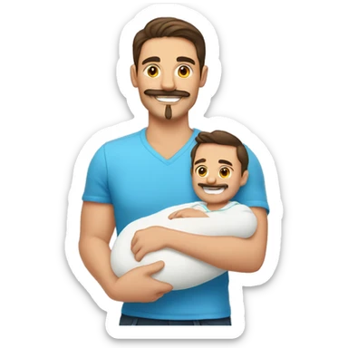 handsome smiling brunette man with mustache holding newborn sticker