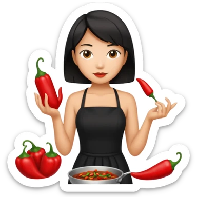 asian black short shoulder length hair tanned woman, black dress cooking, holding chili pepper sticker