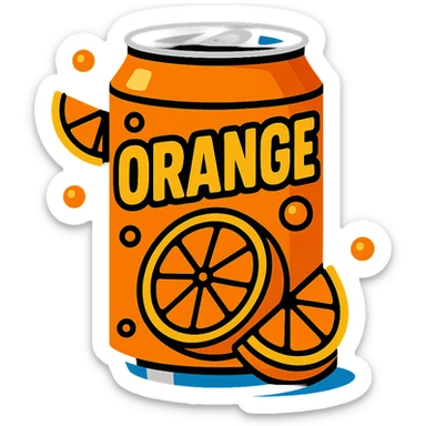 Place the can of orange soda with orange slices on a solid black background, keep the TikTok-inspired vibrant cartoon style. sticker