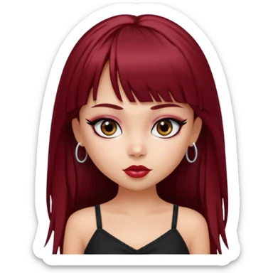 generate a pretty bratz girl in black cami top, dark red straight long hair with bangs, eyeliner on, 

 sticker
