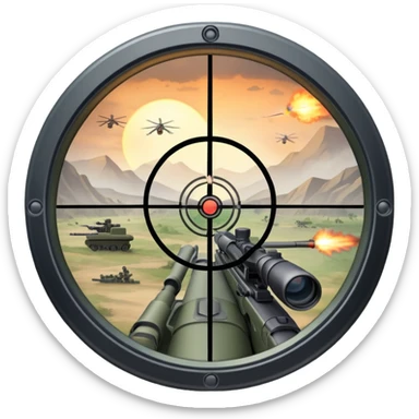 An icon symbolizing first-person shooter games. The design features a circular sniper scope view with crosshairs aimed at a distant target. The background shows a battlefield with soldiers and explosions, capturing the action-packed intensity of FPS games. Transparent background. sticker
