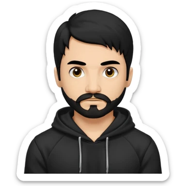 Man, hispanic skin, black hair, black beard, black mustache black eyes black t hoodie, small nose, long emo hair, muscular  sticker