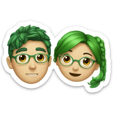 A boy with brown hair and a mustache is kissing a green haired girl wearing glasses sticker