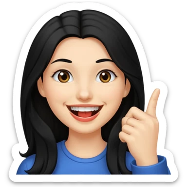 Haz una imagen de una mujer con cabello negro largo , con una sonrisa en su cara y la punta de su dedo indice mordido entre sus dientes sticker