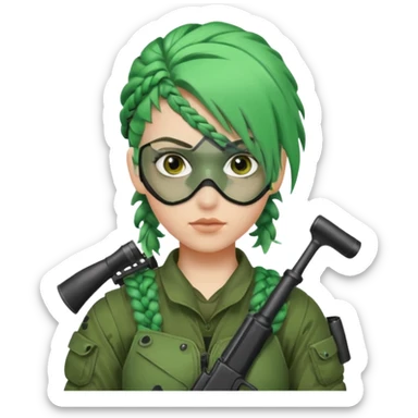 paintball player with geared face boy braided green hair sticker