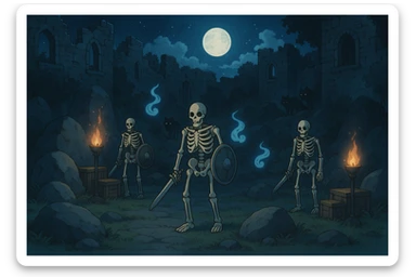 midnight within the ruins of abandoned castle yard, protrude boulders, amid iron torches and crates tucked behind, skeleton warriors, wisps, and wolves linger just in the edge of view behind scenery sticker