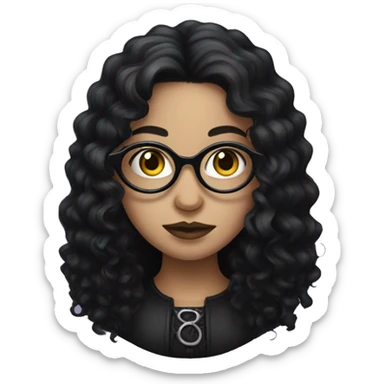 a gothic girl with long black curly hair and circular glasses sticker
