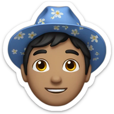 White Man with black hair, strip blue flowered shirt, brown hat sticker