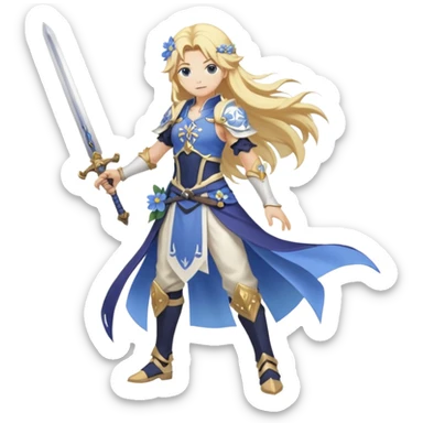 White and golden, blonde, long-haired Lumine with a pastel-indigo flower in hair (from Genshin Impact) with a sword (full body) sticker