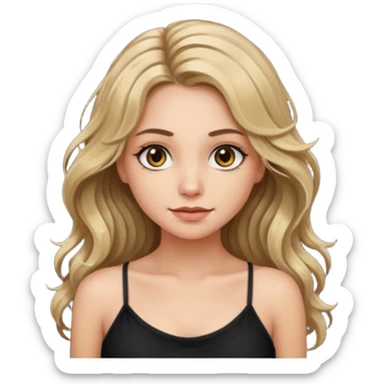 make an emoji girl with long dirty blond hair and hazel eyes. wearing a cute black spaghetti strap tank top tank top and her hair is down and slightly wavy. she also has really long eyelashes  sticker