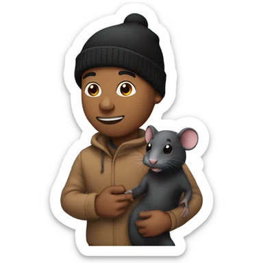 Brown man with black Beanie holding a rat sticker