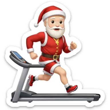 A Norwegian Santa running on a treadmill, wearing a gold medal round his neck sticker