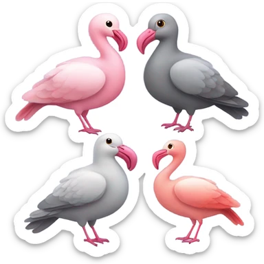 Three gray pigeons, and one flamingo in a park setting sticker