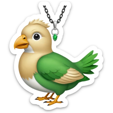 un oiseau classique tout vert avec un collier autour de son cou avec des breloque argentées et un seul poil blond qui fait une petite bouclette sur le front le collier est autour de son cou sticker