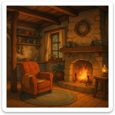cozy cottage, warm lighting, ghibli style, inviting and charming sticker